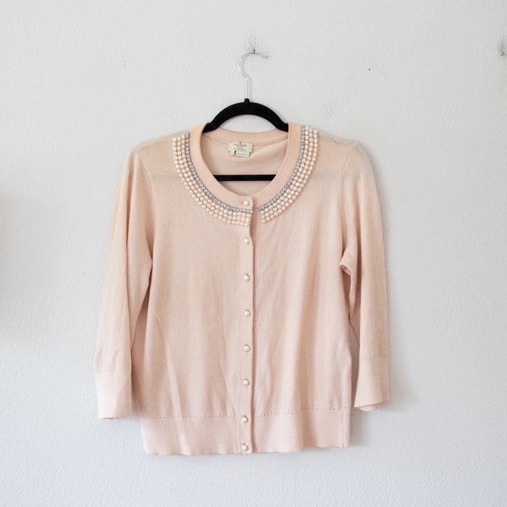 Kate Spade Tula Button Cardigan Sweater Pearl Rhinestone Neck Pink